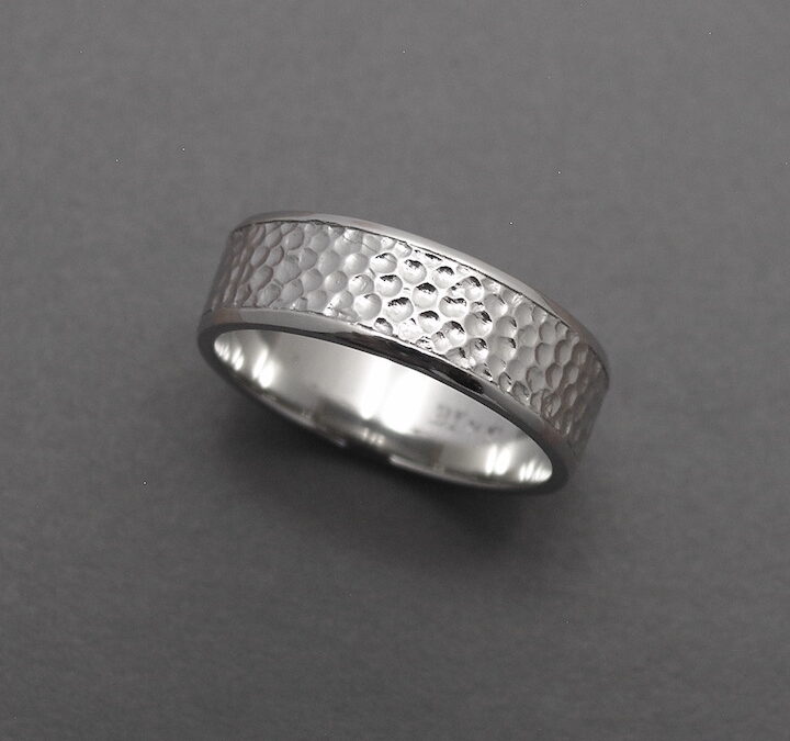 Hammered texture wedding band in 14K white gold